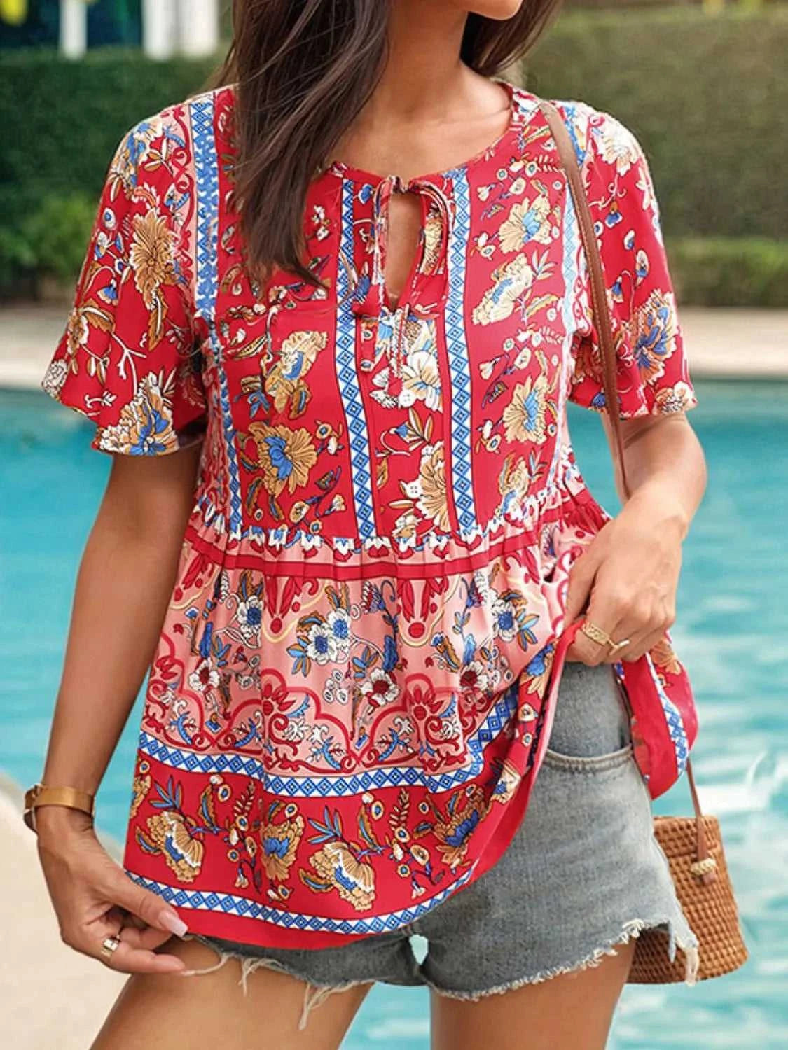 Floral Print Tie Neck Flutter Sleeve Blouse 100100839291021 32 Affordable Fashion Under $100 Jerry's Apparel 