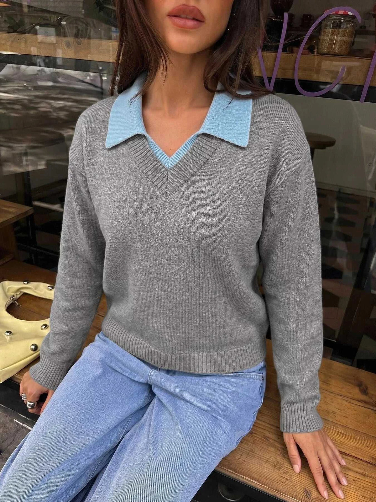 Contrast Collar Dropped Shoulder Sweater 100100912330105 43 Jerry's Apparel 