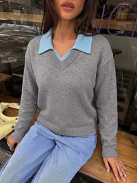 Contrast Collar Dropped Shoulder Sweater 100100912330105 43 Jerry's Apparel 