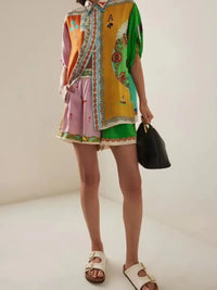 Printed Button Up Shirt and Shorts Set