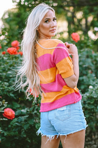 Color Block Round Neck Short Sleeve Knit Top