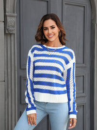 Angel Wings Striped Openwork Round Neck Sweater