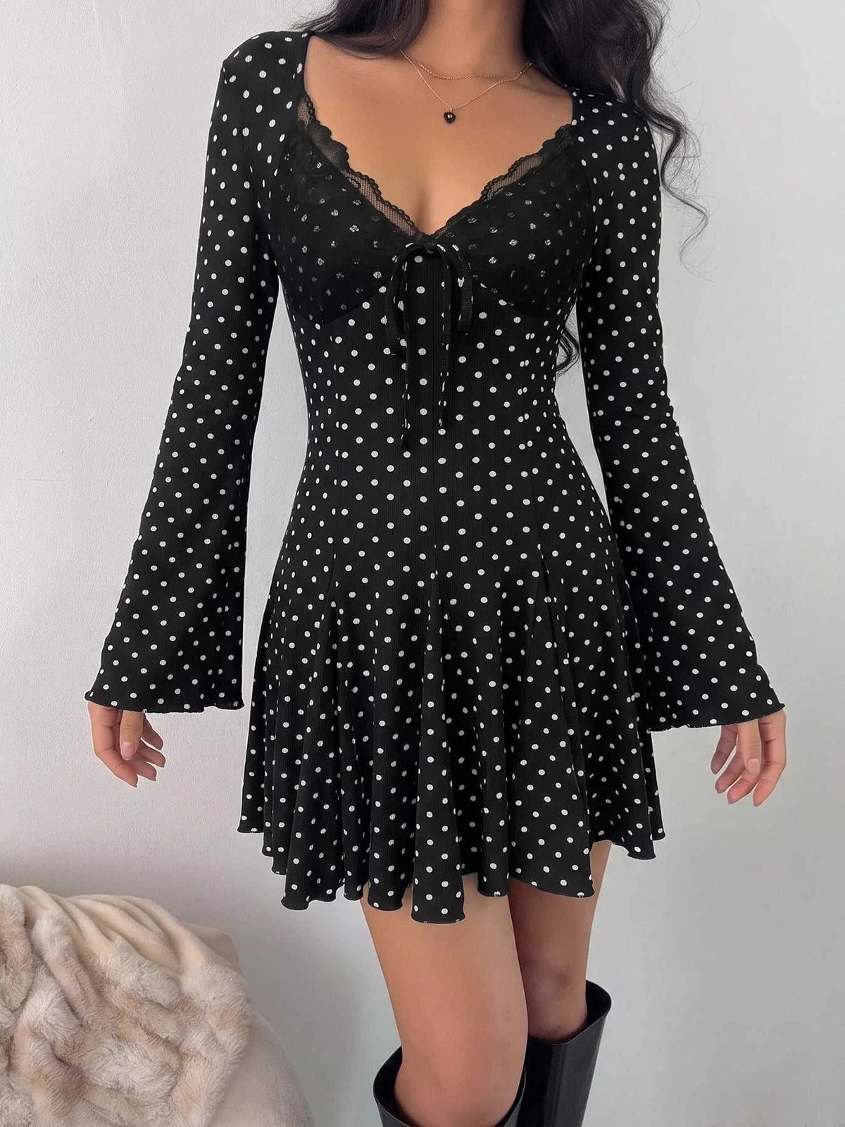 Polka Dot Lace Trimmed V-Neck Mini Dress 100100827615923 48 Affordable Fashion Under $100 Jerry's Apparel 
