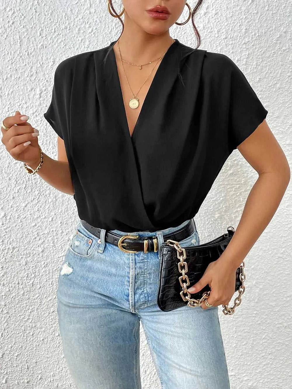 Perfee Surplice Short Sleeve Ruched Bodysuit 100100315761284 27 Affordable Fashion Under $100 Jerry's Apparel 