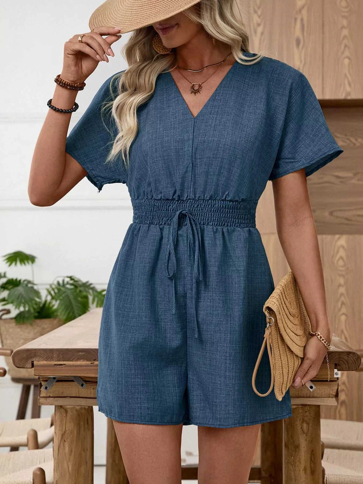 Casual V-Neck Elastic Waist Romper 100100707516722 32 Jerry's Apparel 