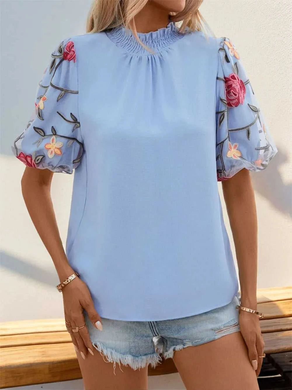 Perfee Embroidered Mock Neck Puff Sleeve Blouse 100100917971090 28 Affordable Fashion Under $100 Jerry's Apparel 