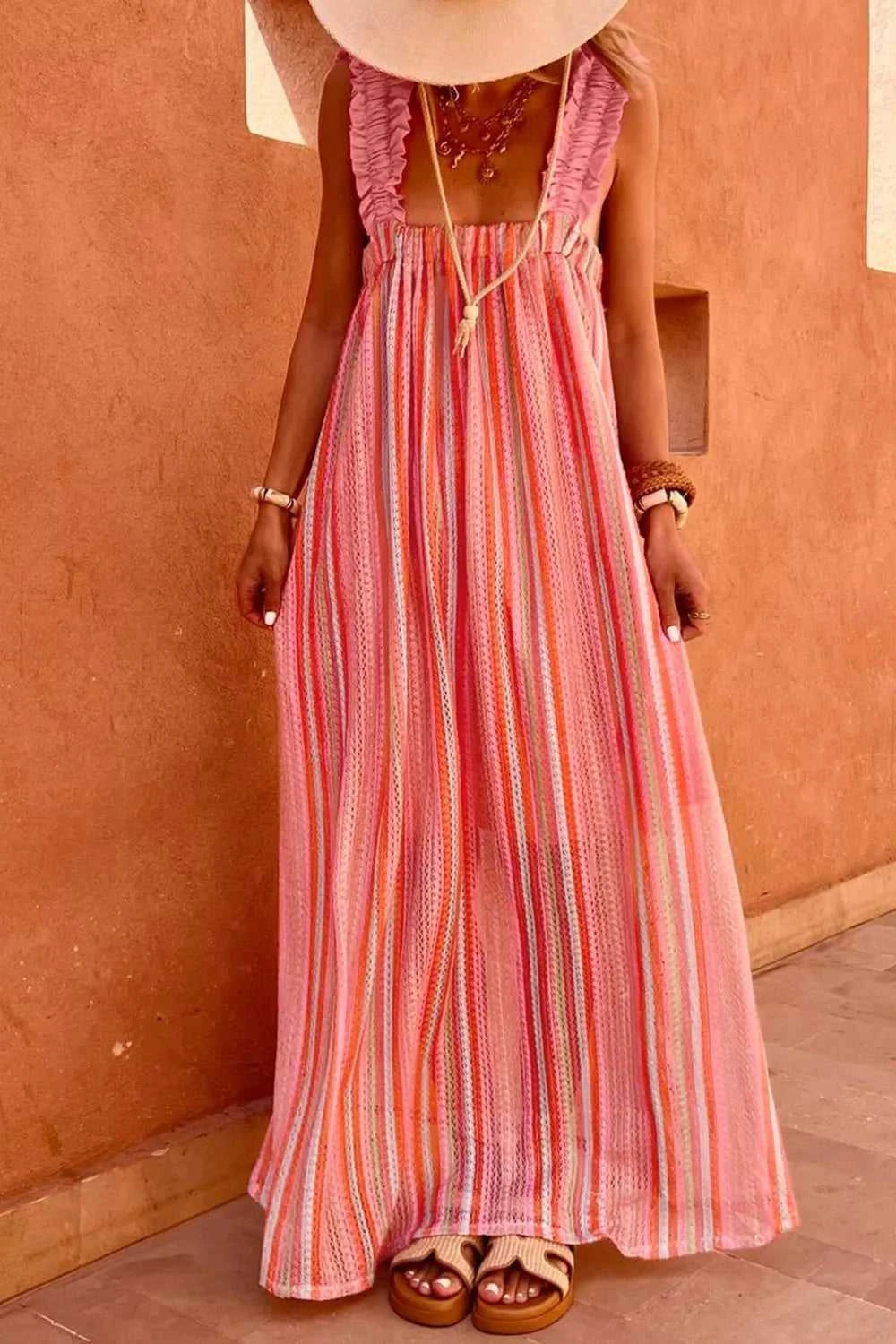 Stripe Ruffled Straps Ribbon Knot Flowy Vacation Maxi Dress 100100860040024 76 Affordable Fashion Under $100 Jerry's Apparel 
