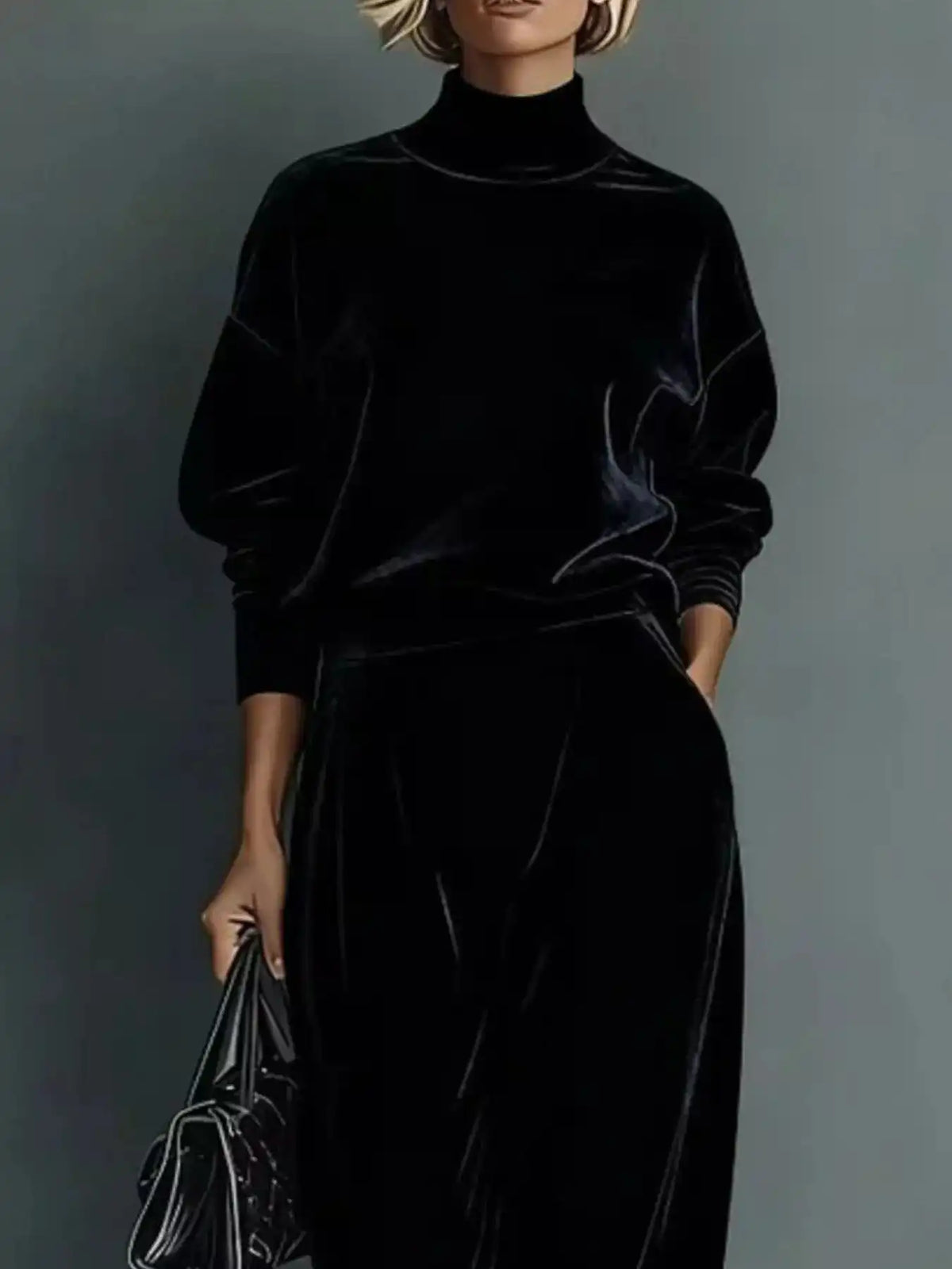 Full Size Elegant Velvet Mock Neck Long Sleeve Top and Wide-Leg Pants Set Plus Size 101001603377263 63 Women's Pants Set Gifts for Her Jerry's Apparel 