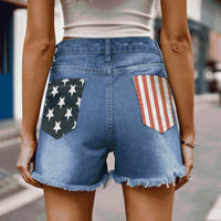 US Flag Distressed Denim Shorts with Frayed Hem