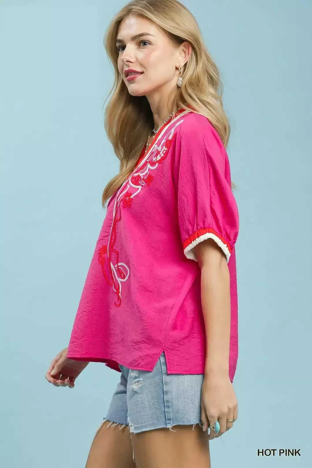 Umgee Embroidered Floral V-Neck Short Sleeve Blouse with Contrast Trim 100100890601360 53 Affordable Fashion Under $100 Jerry's Apparel 