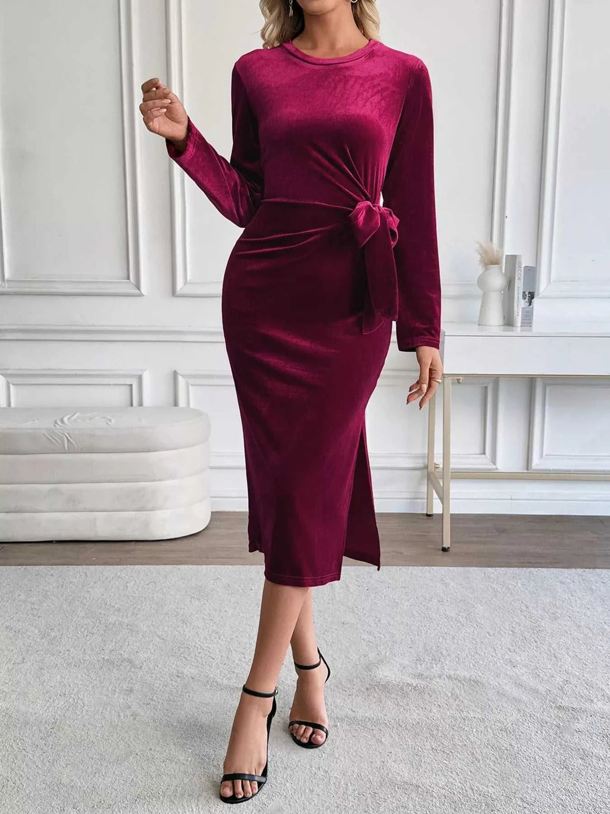 Velvet Slit Round Neck Long Sleeve Dress with Side Tie Detail 100100124814169 37 Affordable Fashion Under $100 Jerry's Apparel 
