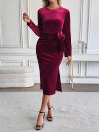 Velvet Slit Round Neck Long Sleeve Dress with Side Tie Detail 100100124814169 37 Affordable Fashion Under $100 Jerry's Apparel 