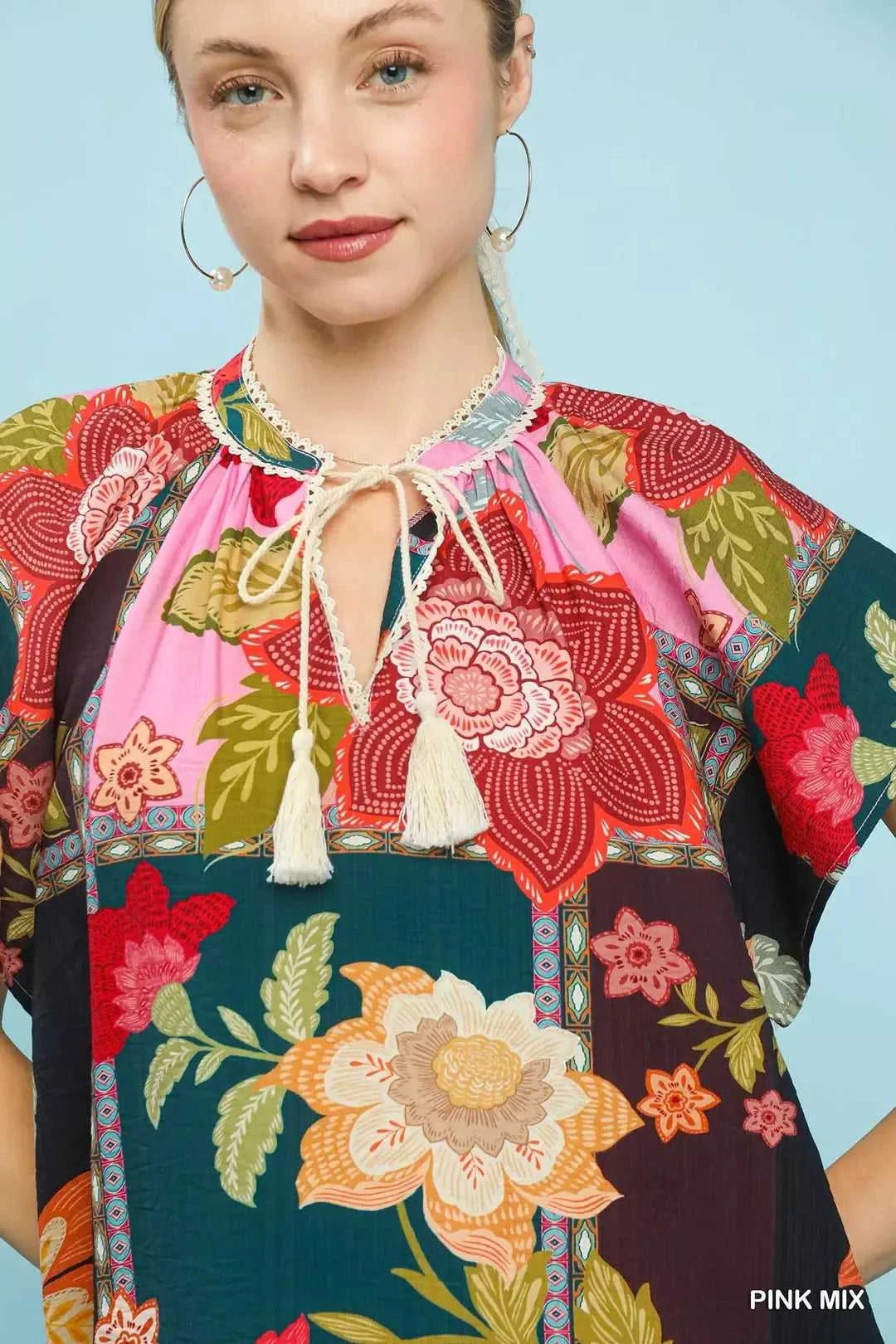 Umgee Mix Floral Patchwork Tassel Tie Top 100100389751612 45 Affordable Fashion Under $100 Jerry's Apparel 
