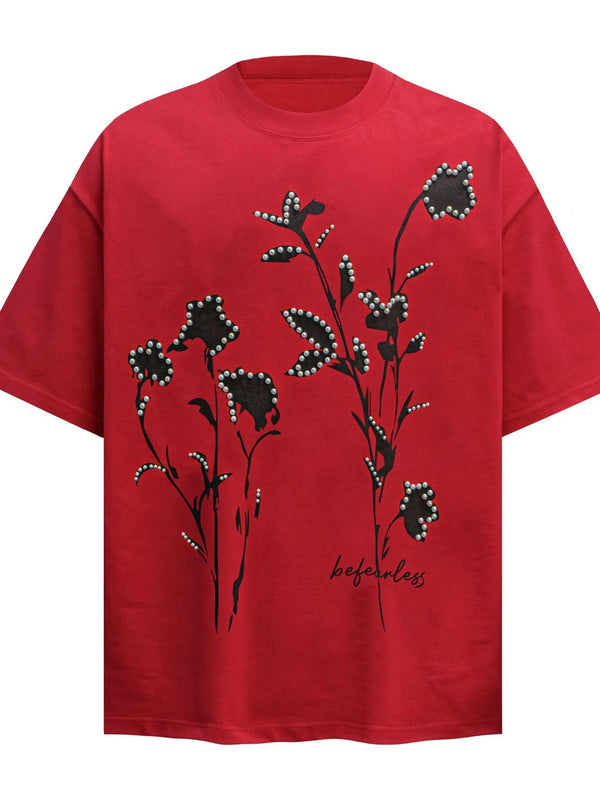 Men's Flower Pearl Detail Oversized Short Sleeve T-Shirt
