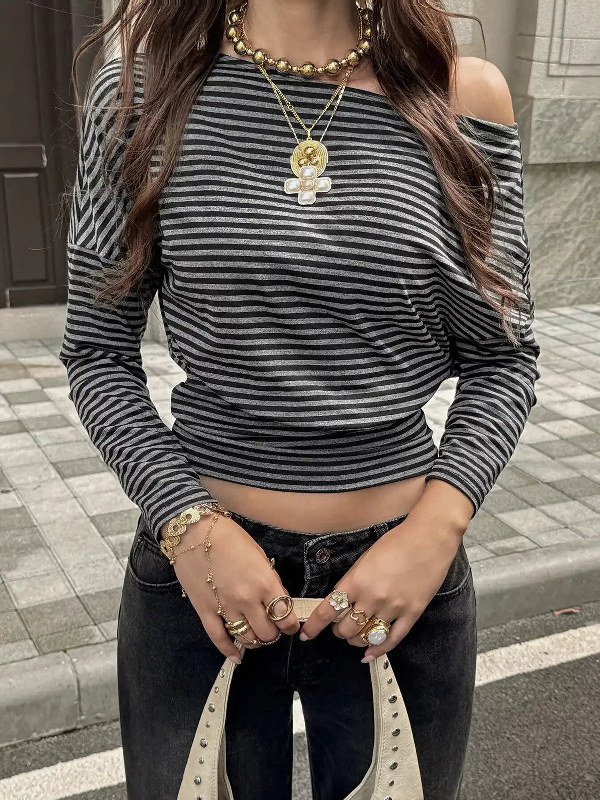 Striped One Shoulder Long Sleeve T-Shirt 101001938114655 35 Affordable Fashion Under $100 Jerry's Apparel 