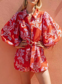 Printed Long Sleeve Belted Romper