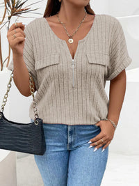 Plus Size Ribbed Half Zip Relaxed Fit T-Shirt