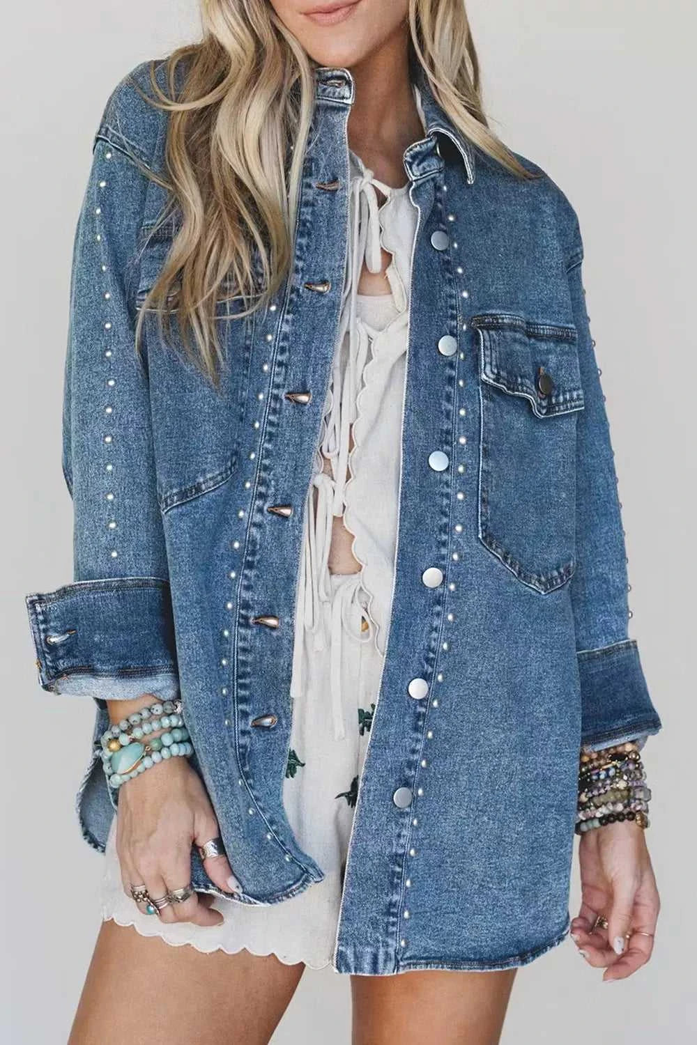 Rivet Embellished Western Style Regular Fit Long Sleeve Denim Jacket 101003389898680 92 Affordable Fashion Under $100 Jerry's Apparel 