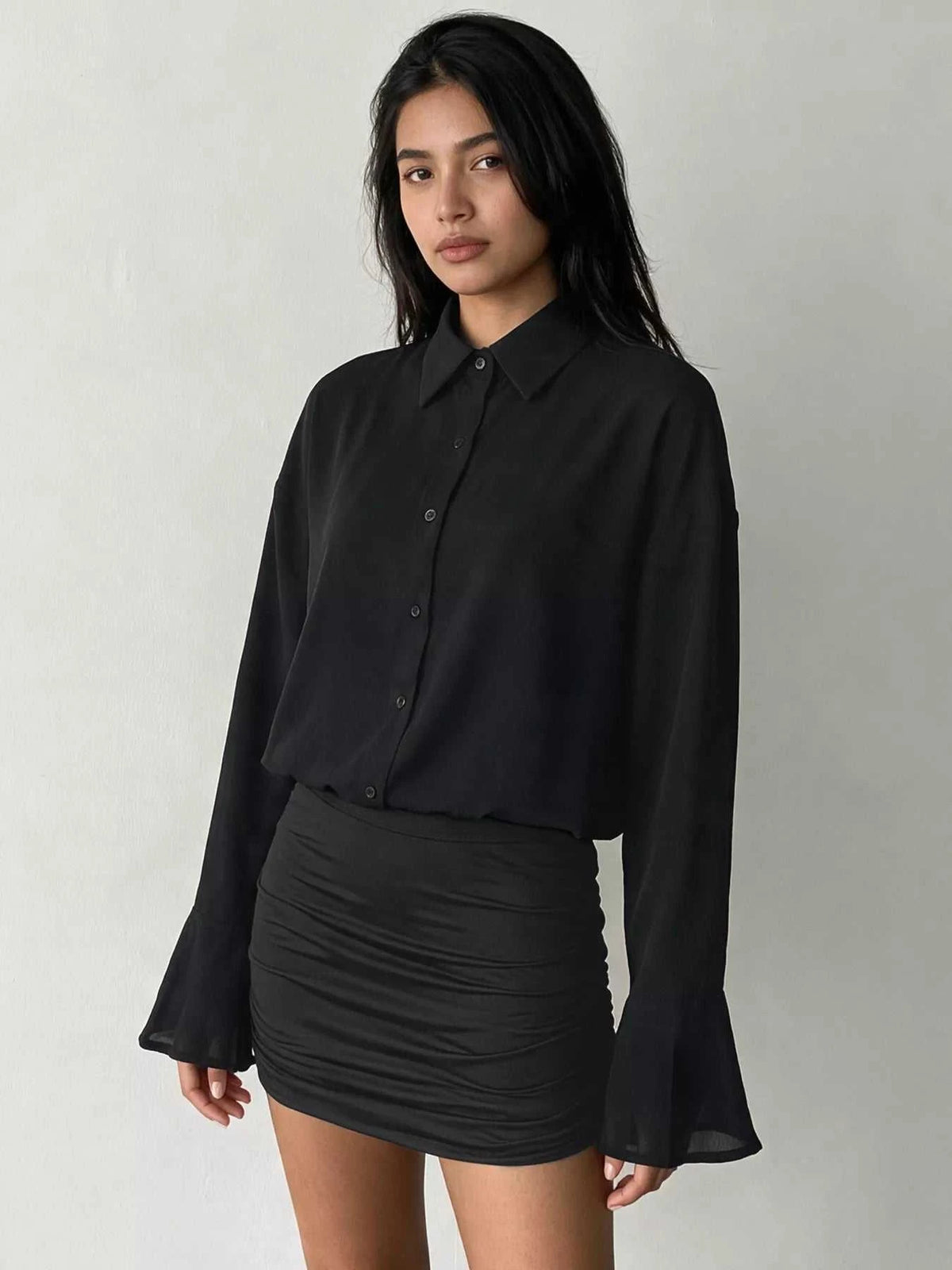 Button Front Flounce Sleeve Bodycon Shirt Dress 101001664786190 49 Affordable Fashion Under $100 Jerry's Apparel 
