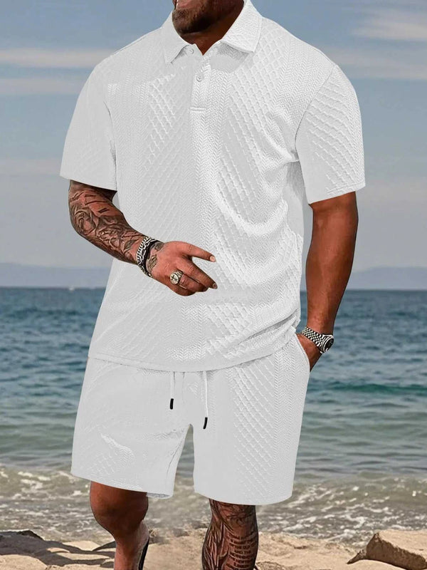 Men's Full Size Textured Knit Polo Shirt & Shorts Set Plus Size