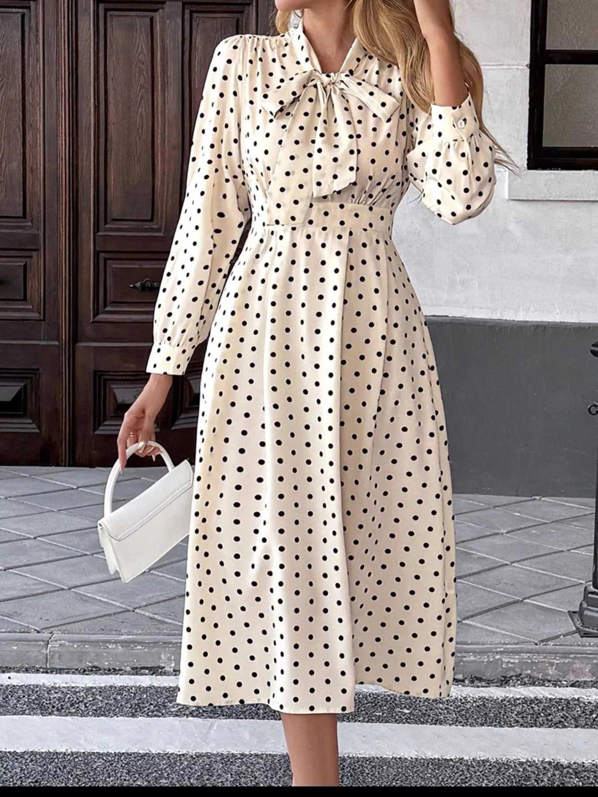 Polka Dot Tie Front Long Sleeve Midi Dress 100100412285779 42 Gifts for Her Jerry's Apparel 