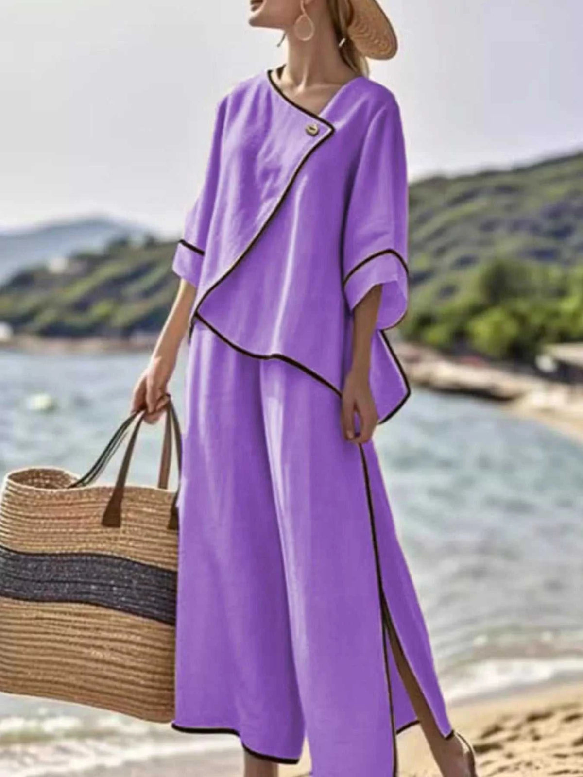 Full Size Contrast Trim Top and Wide Leg Pants Set Plus Size 101001301855619 43 Affordable Fashion Under $100 Jerry's Apparel 