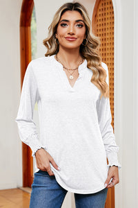 Smocked Notched Long Sleeve T-Shirt