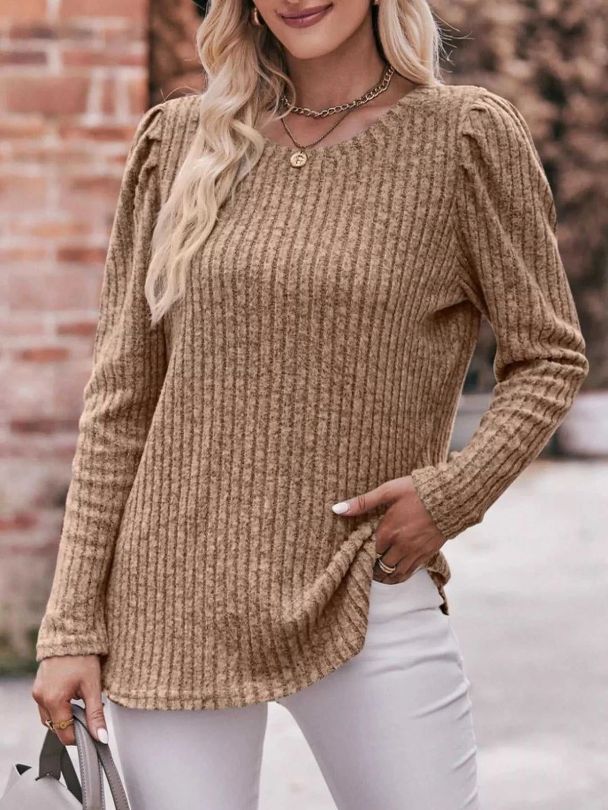 Ribbed Knit Puff Sleeve T-Shirt 100100962471478 28 Affordable Fashion Under $100 Jerry's Apparel 