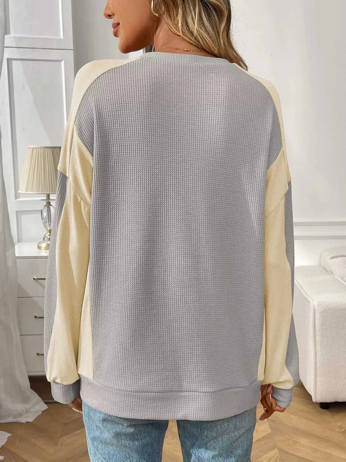 Color Block Waffle Knit Long Sleeve T-Shirt 100100404511401 37 Affordable Fashion Under $100 Jerry's Apparel 