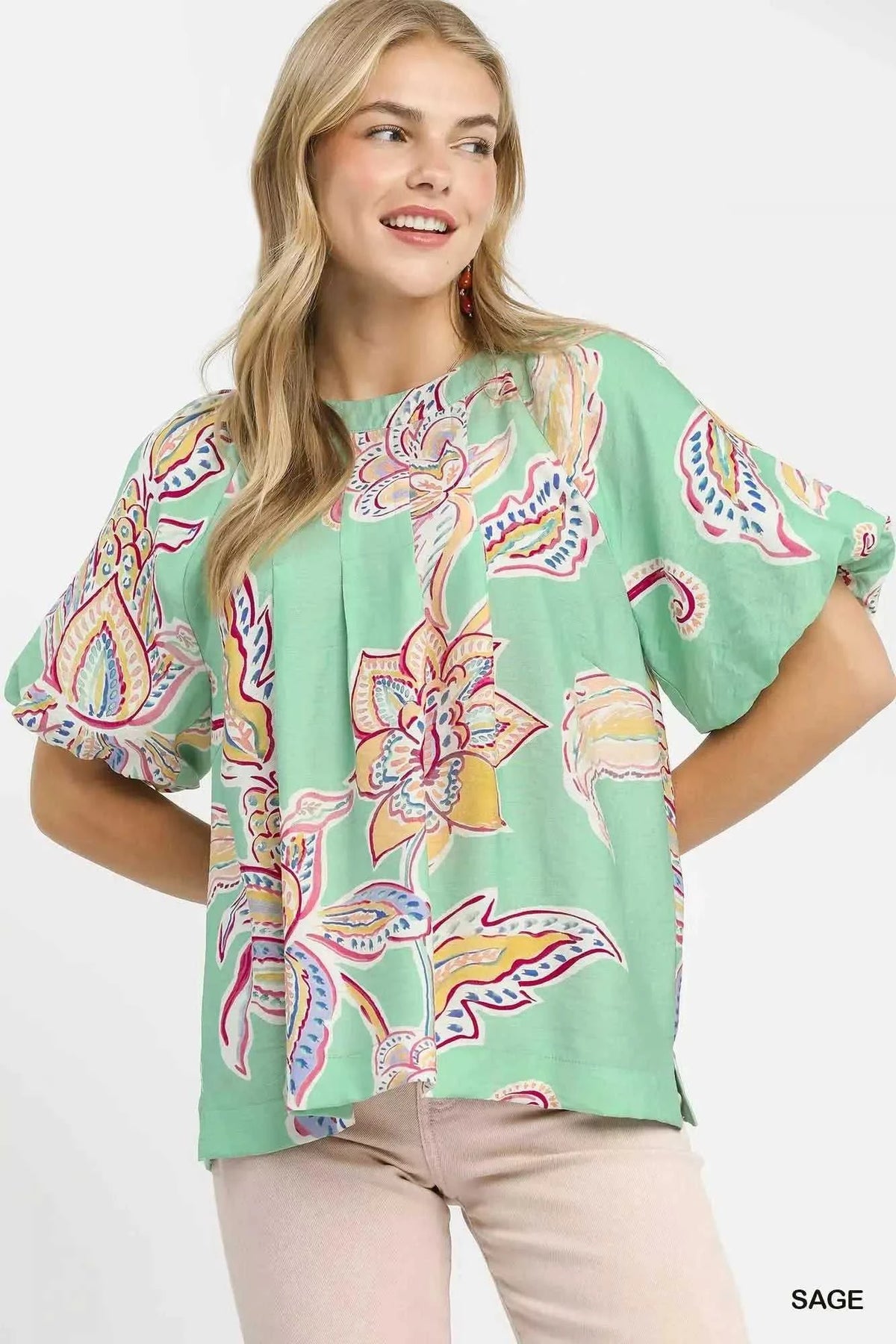 Umgee Paisley Print Puff Sleeve Top 100100646661575 49 Affordable Fashion Under $100 Jerry's Apparel 