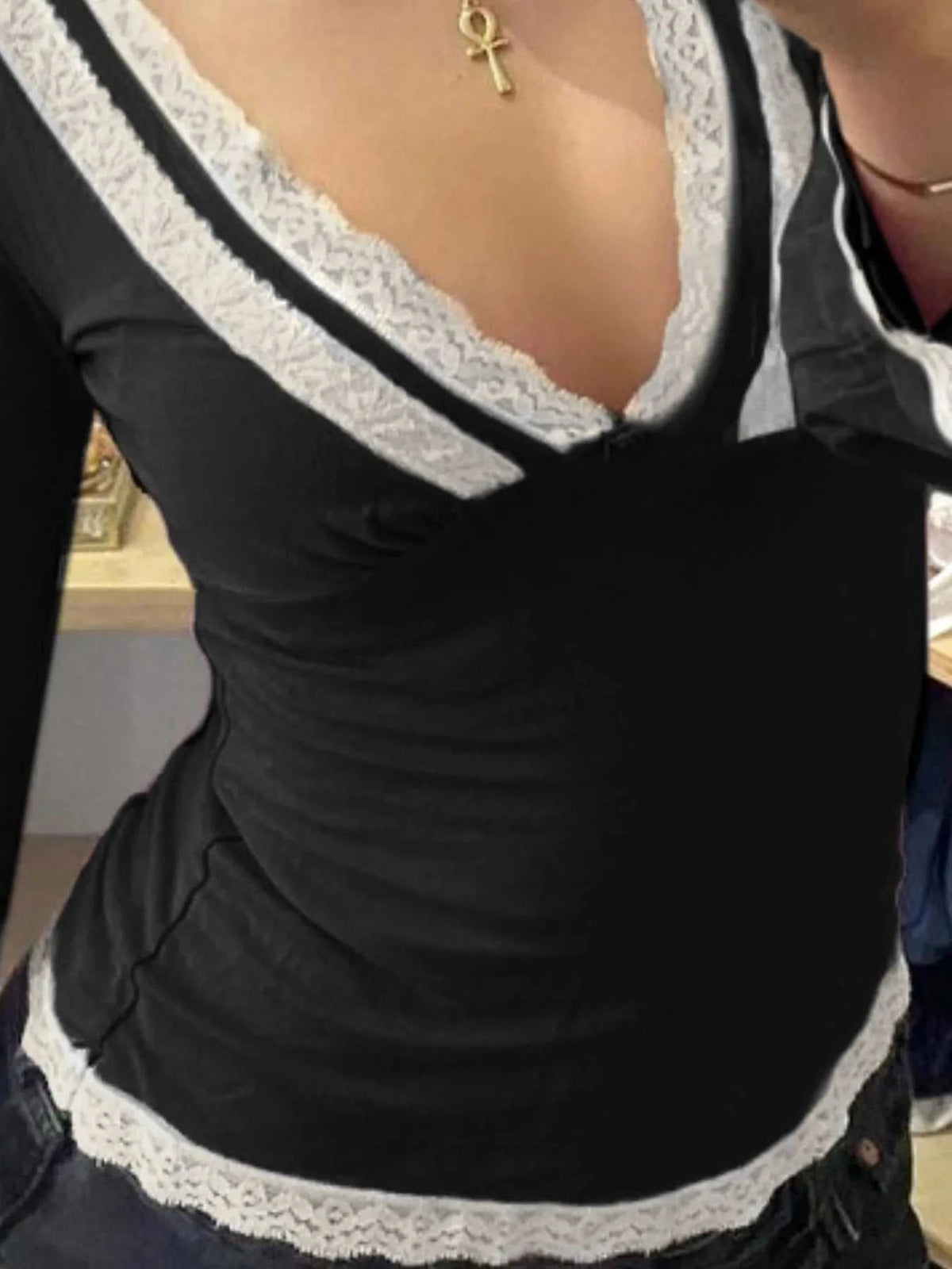 Lace Trim V-Neck Long Sleeve Top 100100804547036 25 Affordable Fashion Under $100 Jerry's Apparel 