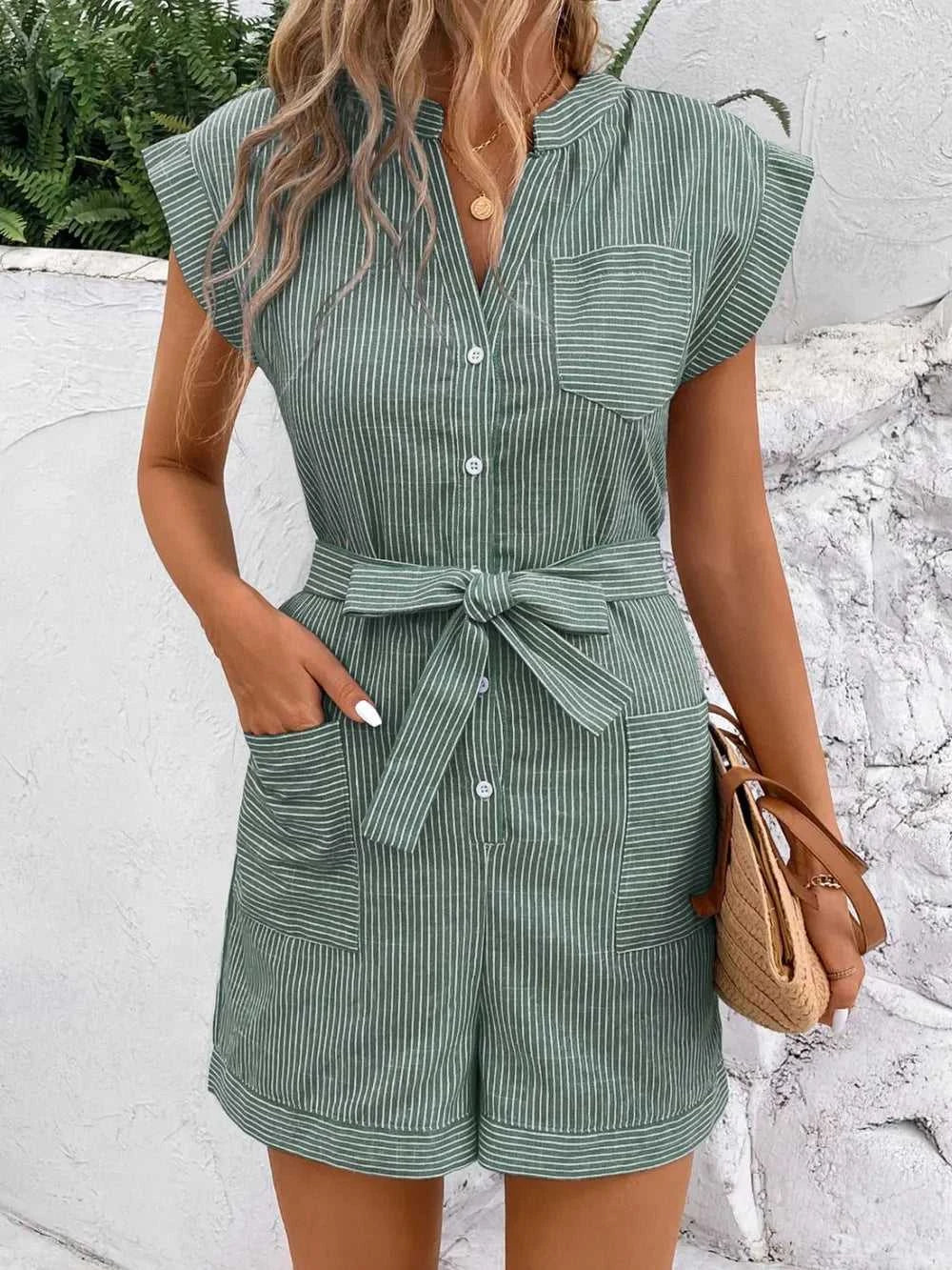 Perfee Striped Notched Tie Waist Romper 100100531531771 37 Affordable Fashion Under $100 Jerry's Apparel 