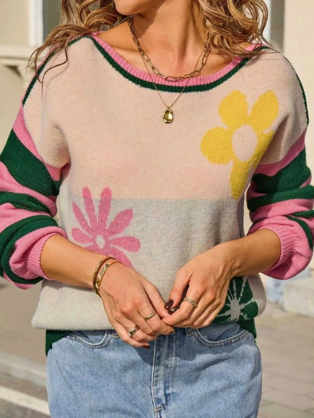 Floral Striped Sleeve Round Neck Sweater 100100273694398 49 Affordable Fashion Under $100 Jerry's Apparel 