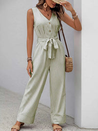 Striped Button-Front Tie Waist Wide Leg Jumpsuit 100100833661971 44 Affordable Fashion Under $100 Jerry's Apparel 