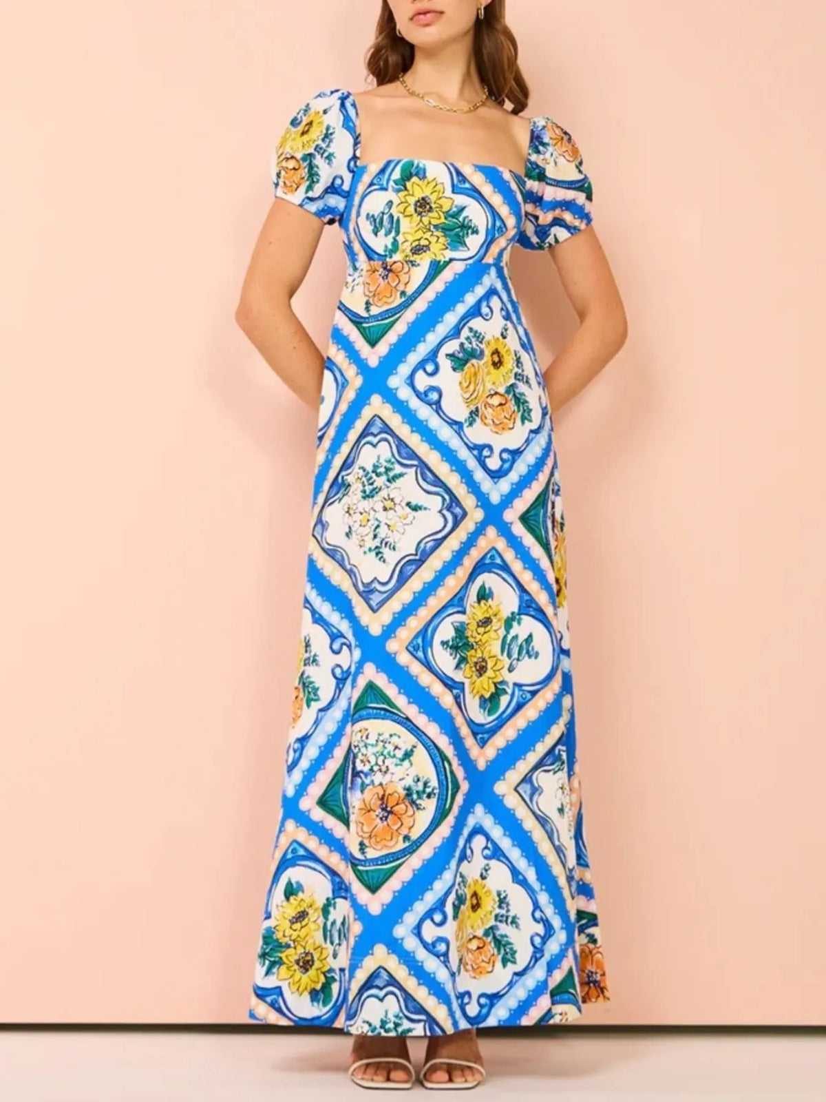 Printed Square Neck Puff Sleeve Maxi Dress