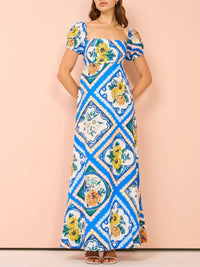 Printed Square Neck Puff Sleeve Maxi Dress