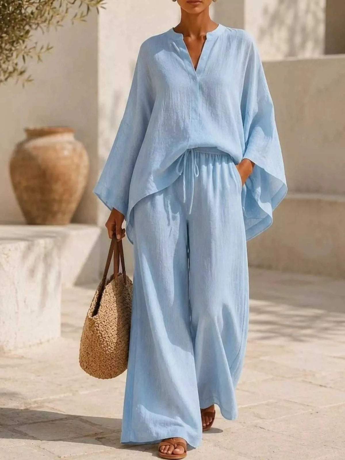 Full Size Notched Long Sleeve Top and Wide-Leg Pants Set Plus Size 100100051091822 45 Affordable Fashion Under $100 Jerry's Apparel 