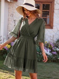 Swiss Dot Flare Sleeve Wrap Mini Dress