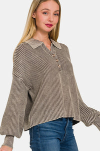 Zenana Washed Half Button Long Sleeve Sweater