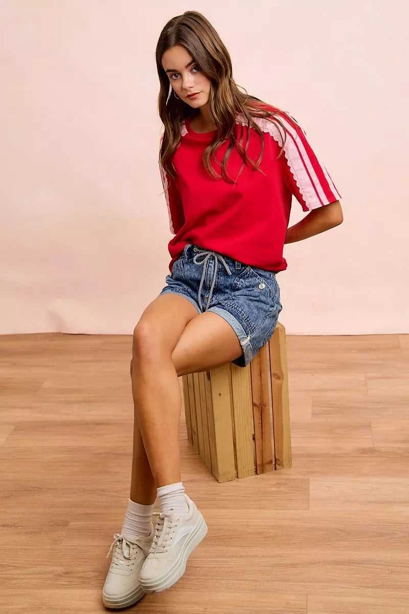 BiBi French Terry Side Lace Detail Short Sleeves Top 100100237661933 42 Affordable Fashion Under $100 Jerry's Apparel 