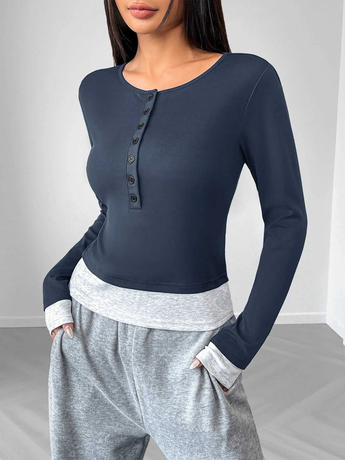 Long Sleeve Button Front Fitted T-Shirt 100100801861389 38 Affordable Fashion Under $100 Jerry's Apparel 