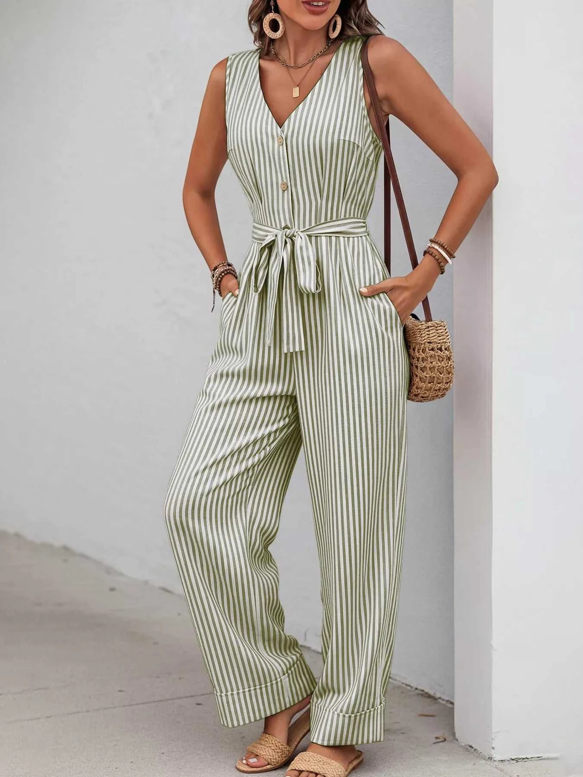 Striped Button-Front Tie Waist Wide Leg Jumpsuit 100100833661971 44 Affordable Fashion Under $100 Jerry's Apparel 
