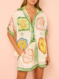 Printed Button Up Shirt and Shorts Set