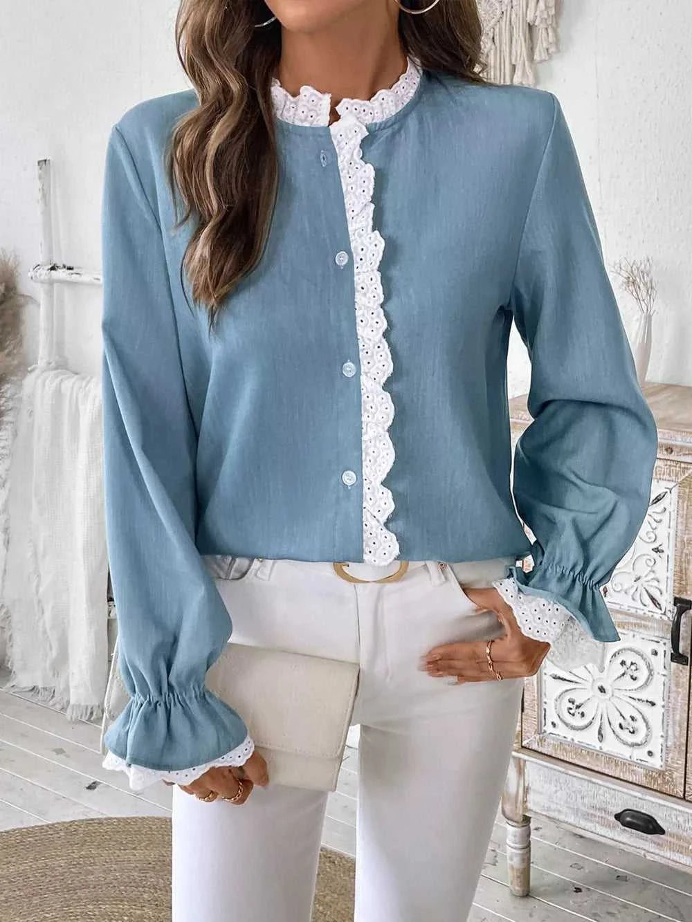 Perfee Lace Detail Button Down Long Sleeve Shirt 100100244411847 35 Affordable Fashion Under $100 Jerry's Apparel 