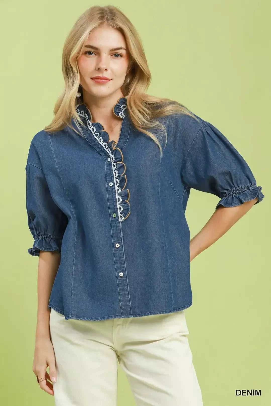 Umgee Chambray Scalloped Trim Button Front Blouse 100100023281071 57 Affordable Fashion Under $100 Jerry's Apparel 