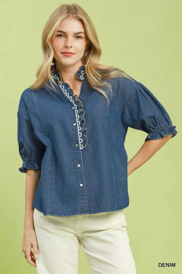 Umgee Chambray Scalloped Trim Button Front Blouse 100100023281071 57 Affordable Fashion Under $100 Jerry's Apparel 