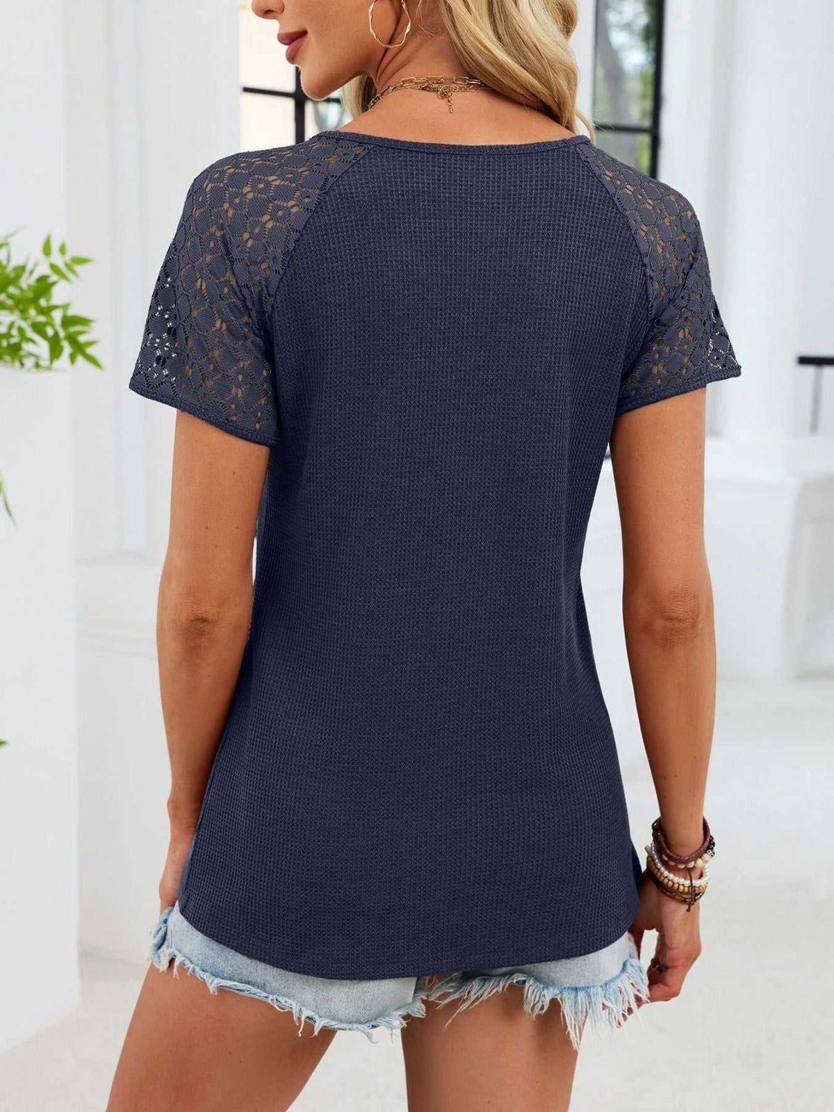 Lace Sleeve V-Neck Waffle Knit T-Shirt 100100150990299 25 Affordable Fashion Under $100 Jerry's Apparel 