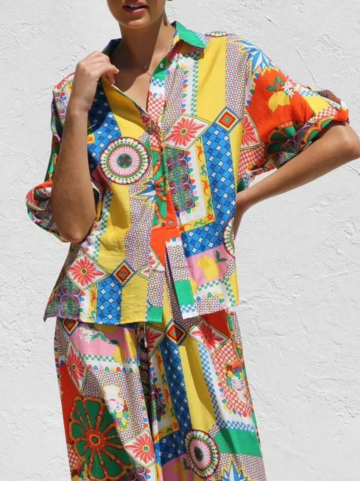 Printed Button Up Shirt and Pants Set