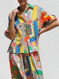 Printed Button Up Shirt and Pants Set