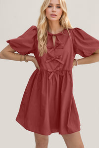 Oh Bow Ruched Puff Sleeve Mini Dress